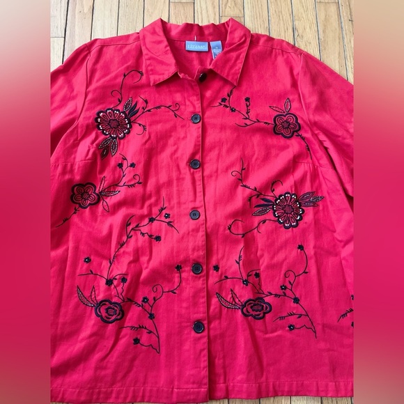 liz and me button blouse women’s Size 2X Red Embroid Beaded Asian Career Floral - Picture 2 of 7